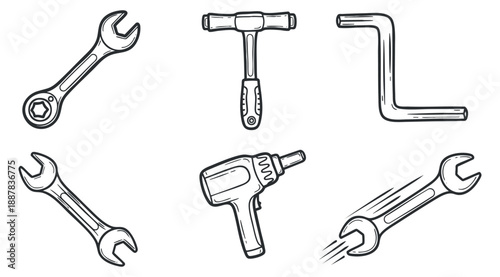 A collection of hand tools including wrenches, hammers, and screwdrivers in black and white line art style, suitable for DIY projects and repair services