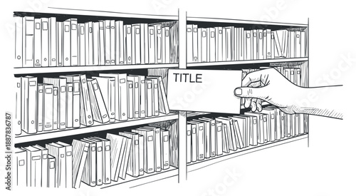 A hand placing a title card in a library filled with books in a detailed black and white outline vector style, ideal for educational and organizational themes