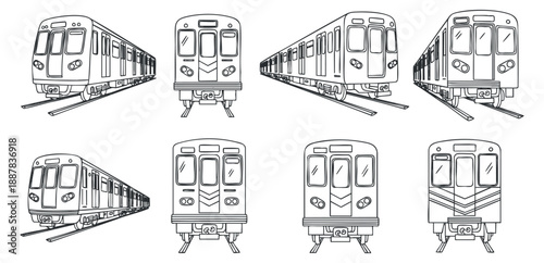 A collection of eight train illustrations in black and white outline vector style, ideal for transportation design projects