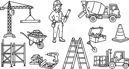 Line art construction icon set showing female engineer with helmet holding blueprint surrounded by crane cement mixer ladder and tools