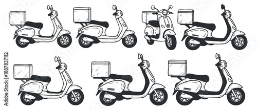 A collection of scooter illustrations in black and white flat vector style, ideal for delivery service branding and urban mobility designs