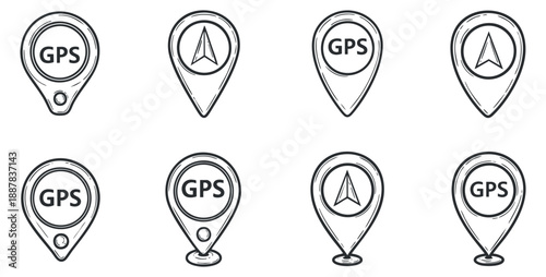 A set of GPS location markers in outline vector style, suitable for navigation apps and map designs