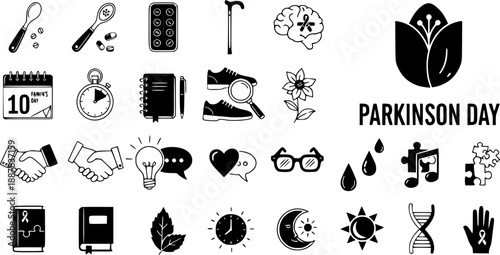 Parkinson's Disease Awareness Day Medical Glyph Icons Set. Black and White Health and Support Symbols Collection with Tulip, Brain, Medication, and Daily Life Elements.