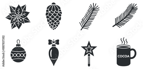 A collection of winter holiday icons including snowflakes, pinecones, ornaments, and cocoa cup in minimalist black vector style, perfect for festive designs