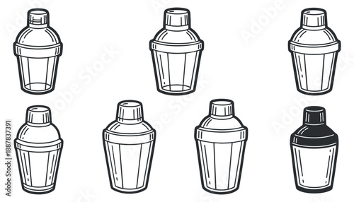 A set of cocktail shakers in black and white outline vector style, ideal for bar and drink-related designs