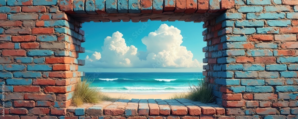 Fototapeta premium View of a sunny beach through a brick wall opening. Ocean waves roll onto sandy shore under blue sky with white clouds. Tropical scene offers escape and relaxation.