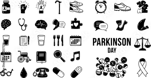 Parkinson's Day Icons: Brain, Cane, Wheelchair, Pills, Ribbon - Black  White Line Art