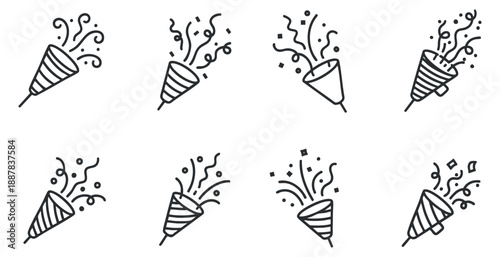 A set of party popper icons with confetti and streamers in outline vector style, ideal for festive celebrations and event invitations