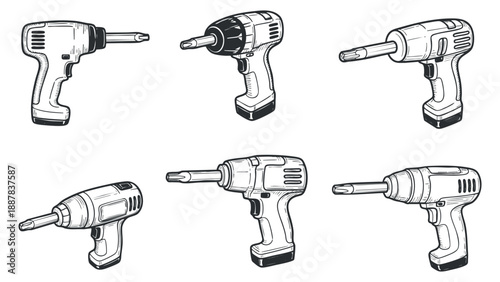 A collection of electric drills and screwdrivers in black and white outline vector style, suitable for construction and DIY projects