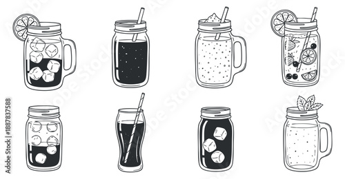 A collection of various drink jars featuring cocktails, smoothies, and sodas in black and white outline vector style, perfect for summer party themes