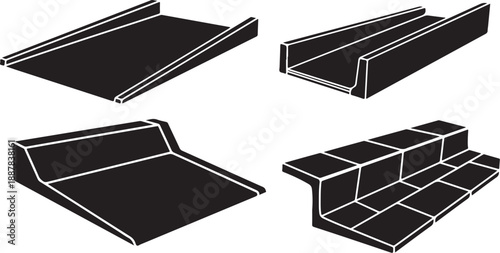 Black and white illustration of various skateboard ramp designs