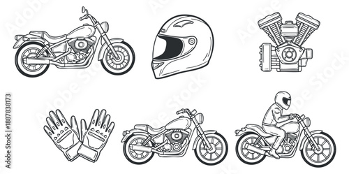 A collection of motorcycle-themed icons including a bike, helmet, gloves, and engine in minimalist black and white vector style, perfect for automotive design projects