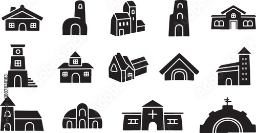 Collection of various church building icons in black and white