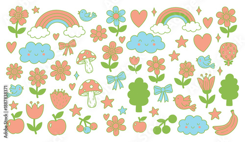Crayon drawn kid doodle collection. Colorful childish elements like clouds, flowers, bows, rainbows and sun on transparent background