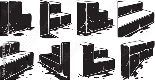 Cracked Concrete Blocks in Various Broken Positions Illustration Set