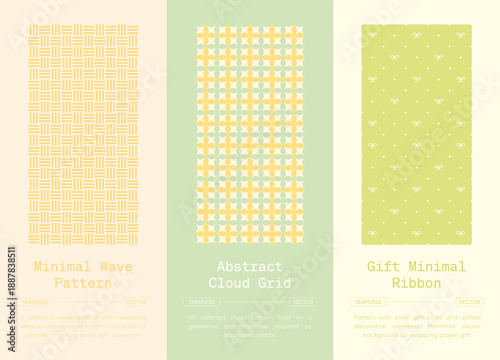 Minimal wave, abstract cloud grid and gift bow seamless pattern collection, soft geometric repeats with dots for modern festive background, wallpaper, wrapping paper, textile

