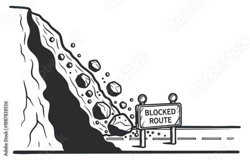 A landslide with a blocked route sign in black and white outline vector style, suitable for safety and warning graphics