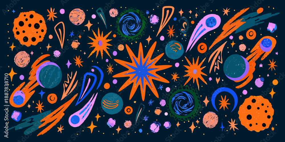 Ταπετσαρία Colorful cosmic illustration featuring planets stars and abstract galaxy shapes