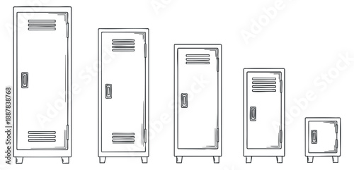A collection of lockers in various sizes, illustrated in minimalist outline vector style, ideal for educational and office design projects