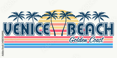 Venice beach california retro style design with palm trees and sunset