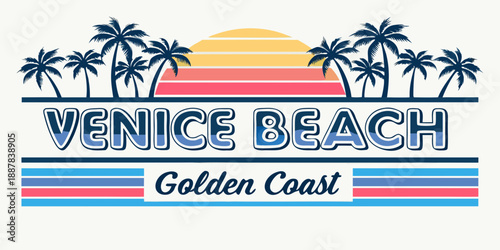 Venice beach golden coast palm trees sunset and retro typography design