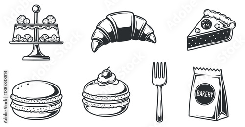 A collection of bakery items including a cake stand, croissant, macarons, and a slice of pie in black and white vector style, ideal for food-related branding and design
