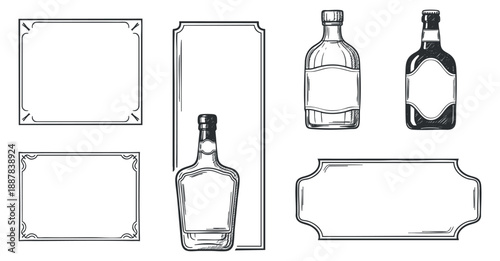 A collection of decorative frames and bottle labels in vintage outline vector style, ideal for beverage packaging and branding