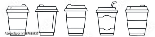 A collection of five coffee cups in minimalist outline vector style, perfect for café branding and beverage design