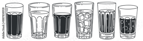 A collection of six different beverage glasses in black and white outline vector style, ideal for restaurant menus and bar branding