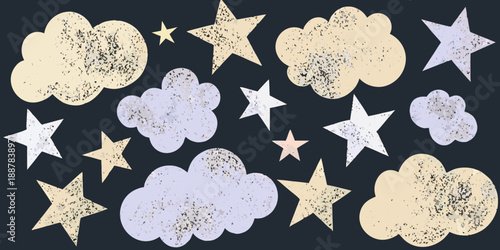 A dreamy nightscape with fluffy clouds and sparkling stars on a dark background