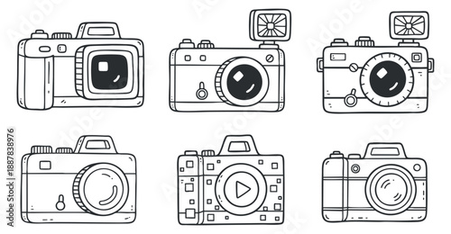 A collection of six hand-drawn cameras in black and white outline vector style, ideal for photography-related designs