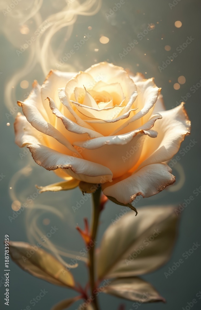Fototapeta premium Golden rose blooms with soft smoke and bokeh lights. Delicate petals unfurl in dreamlike atmosphere. Floral beauty evokes romance and celebration. Elegant plant for special occasions.