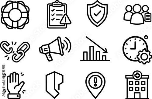 Minimalist line icon set showing safety and emergency symbols in grid close up black outline on white background clean vector pack