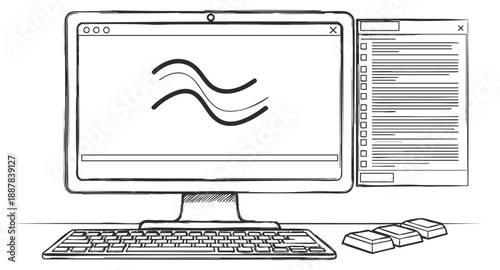 A computer desktop setup featuring a monitor displaying wavy lines in an outline sketch vector style, suitable for tech and design projects