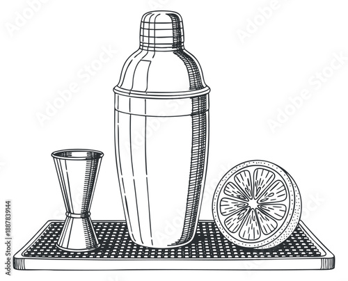 A cocktail shaker with a jigger and a slice of lemon in black and white line art style, perfect for bar and beverage designs