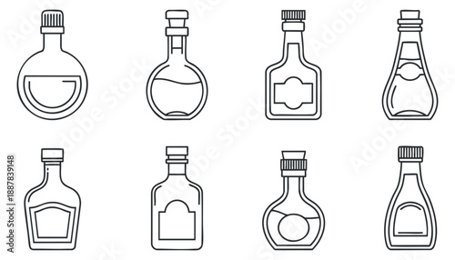 A collection of eight outline style bottles and vials in minimalist vector design, suitable for beverage branding and packaging