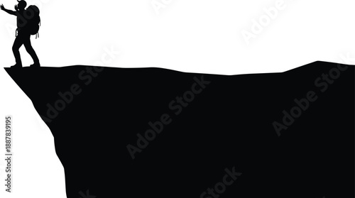 Mountain climber silhouette standing on cliff edge, extreme adventure risk concept, courage freedom success challenge, hiking exploration outdoor achievement