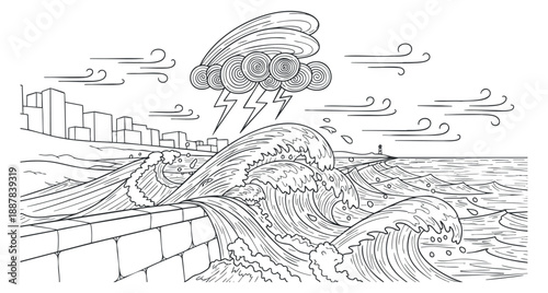 A turbulent ocean scene with crashing waves and lightning over a city skyline in minimalist lineart style, ideal for environmental themes