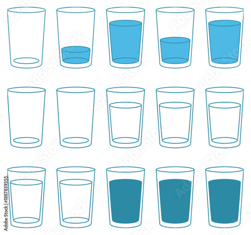 Water Intake Tracking Gauge and Measurement Chart featuring a set of glass icons showing water levels from empty to full.