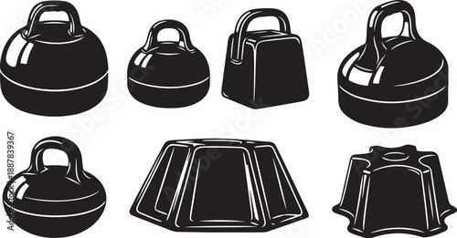 Black and white illustration of kettlebell weights and bags