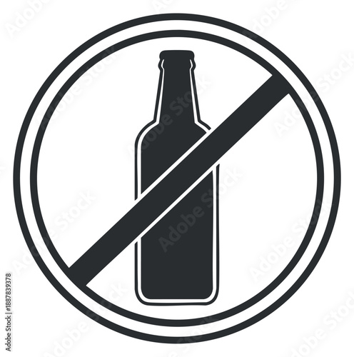 A prohibition sign featuring a black bottle icon with a diagonal line in minimalist vector style, ideal for communicating restrictions on alcohol consumption