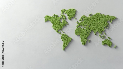 Green World Map Made of Moss or Grass Texture on White Background - Global Environment and Ecology Concept
