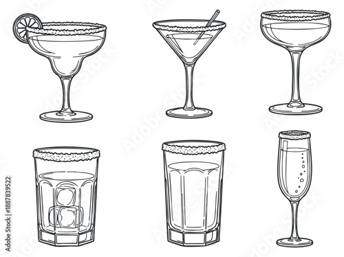 A collection of various cocktail glasses including margarita, martini, whiskey, and champagne in minimalist outline vector style, perfect for bar menus and beverage design