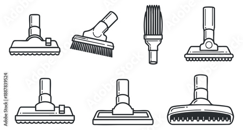 A collection of vacuum cleaner attachments and brushes in clean outline vector style, suitable for cleaning service branding and home maintenance designs