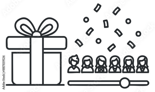 A gift box with a bow and a crowd of people celebrating with confetti in minimalist outline vector style, ideal for event promotions and party invitations