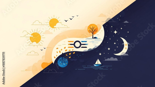 Day and Night Transition Illustration with Sun, Moon, and Nature Elements
