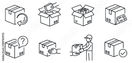 A collection of shipping and packaging icons in minimalist outline vector style, ideal for logistics and e-commerce applications