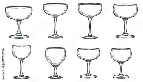 A set of eight cocktail glasses in clean outline vector style, perfect for bar and restaurant menus
