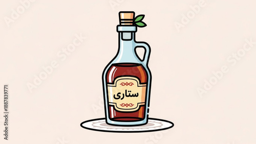 Bottle of Alcoholic Beverage with Arabic Label on White Background, Isolated, Cartoon Style