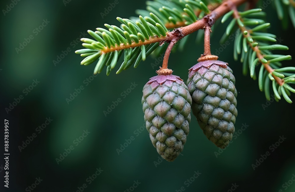 Obraz premium Two young green pine cones hang from spruce tree branch with its needles visible. Cones have visible scales and dark purple top. Blurred dark green background complements foreground detail.
